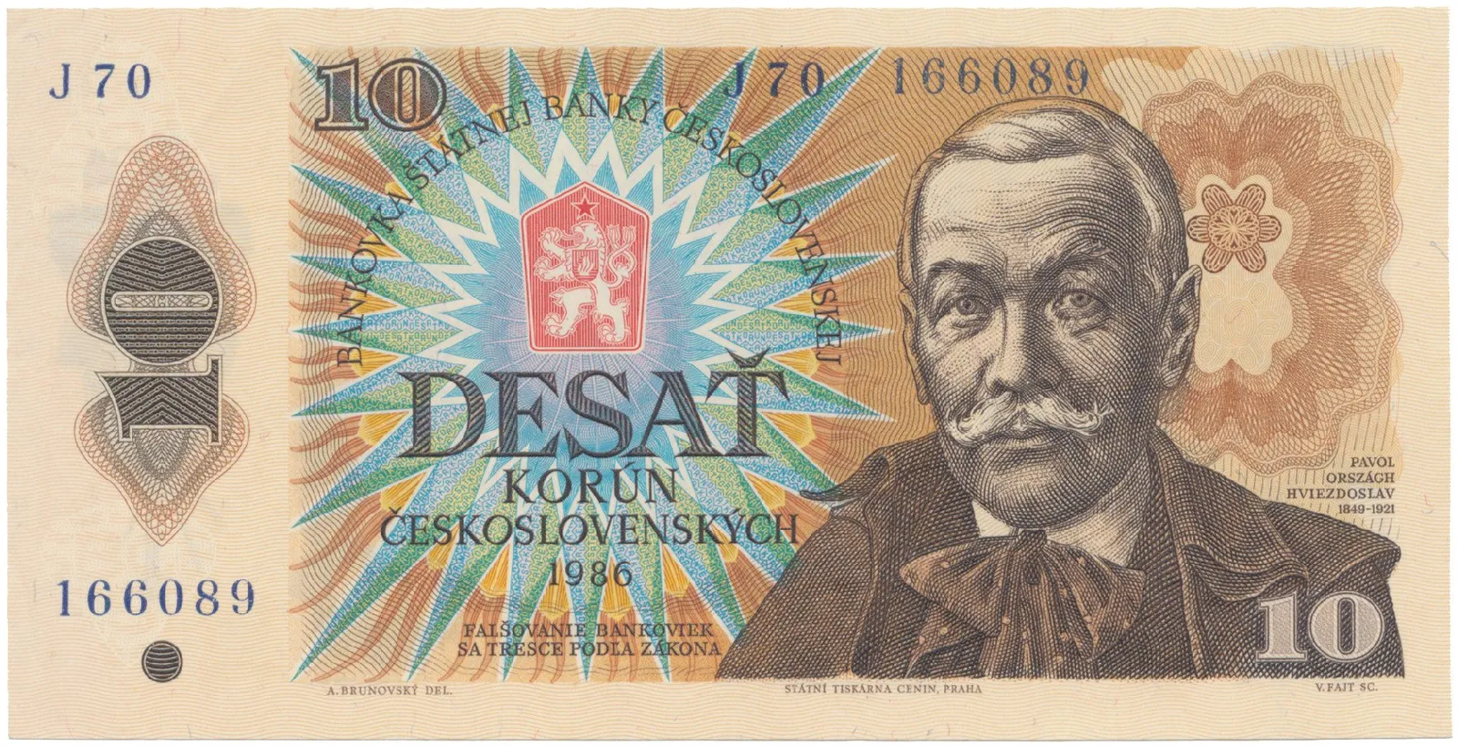 Československo, 10 Koruna 1986, široká nejvyšší série J 70, Hej.107bJ