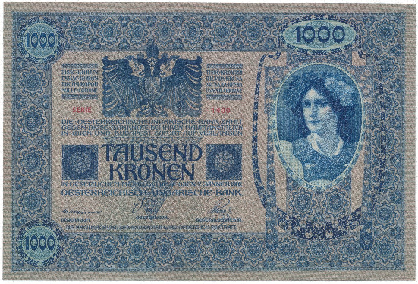 Rakousko - Uhersko, 1000 Koruna 1902, podtisk šedorůžový, bez přetisku, Hej.RU5b