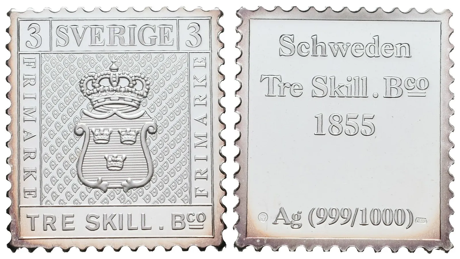 Stříbrná známka - Švédská tříšilinková žlutá z roku 1855 - Ag 6 g - 999/1000