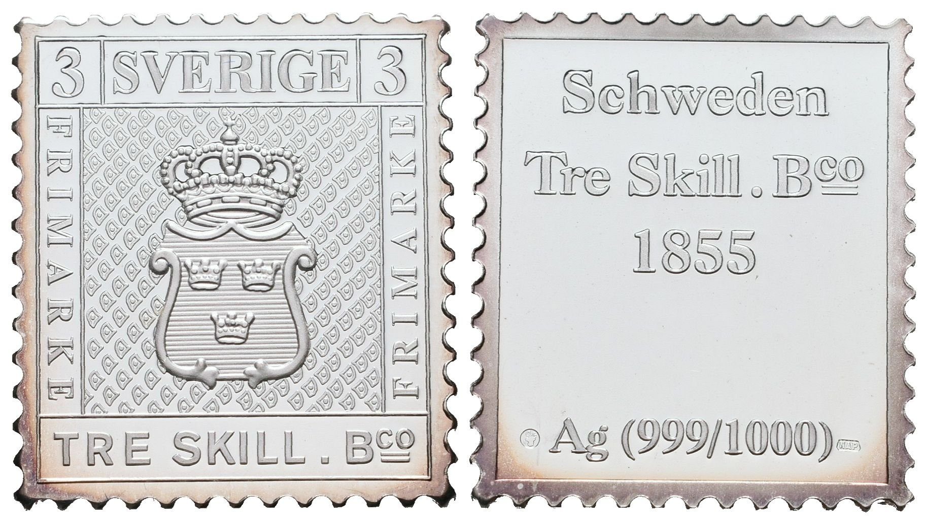Stříbrná známka - Švédská tříšilinková žlutá z roku 1855 - Ag 6 g - 999/1000