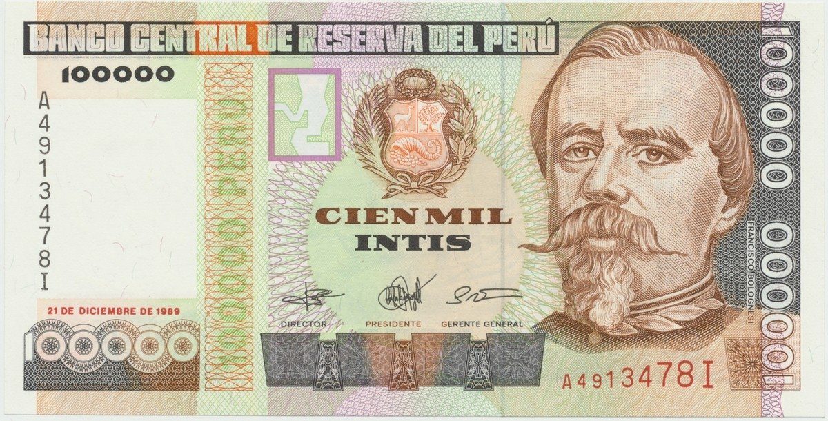 Peru, 100.000 Intis 1988, tisk BdM, P.145