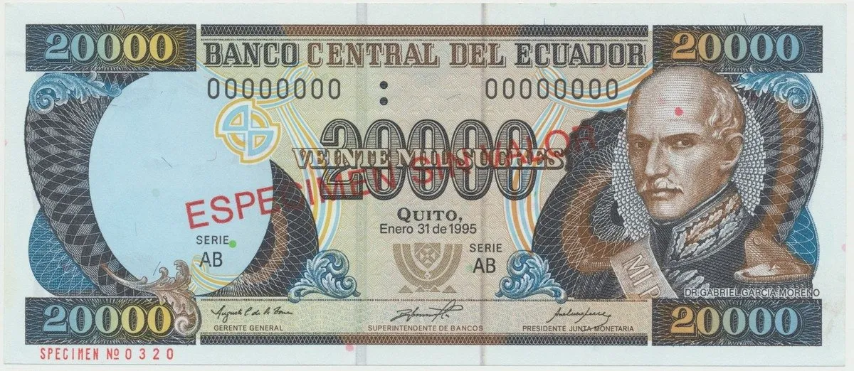 Ekvádor, 20.000 Sucres 1995, anulát - ESPECIMEN, P.129s1