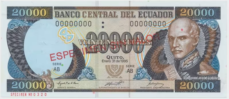 Ekvádor, 20.000 Sucres 1995, anulát - ESPECIMEN, P.129s1