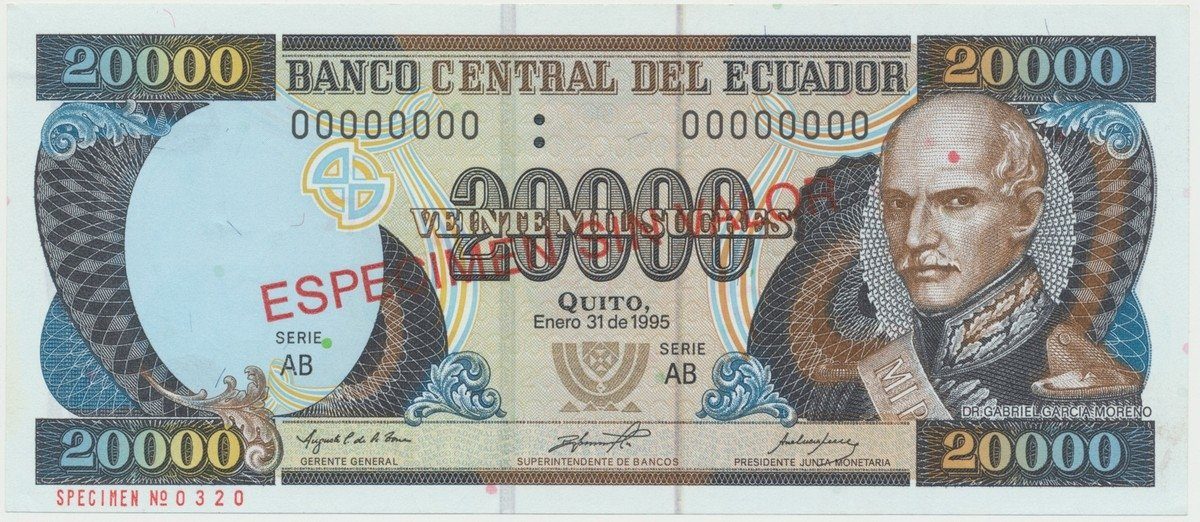 Ekvádor, 20.000 Sucres 1995, anulát - ESPECIMEN, P.129s1