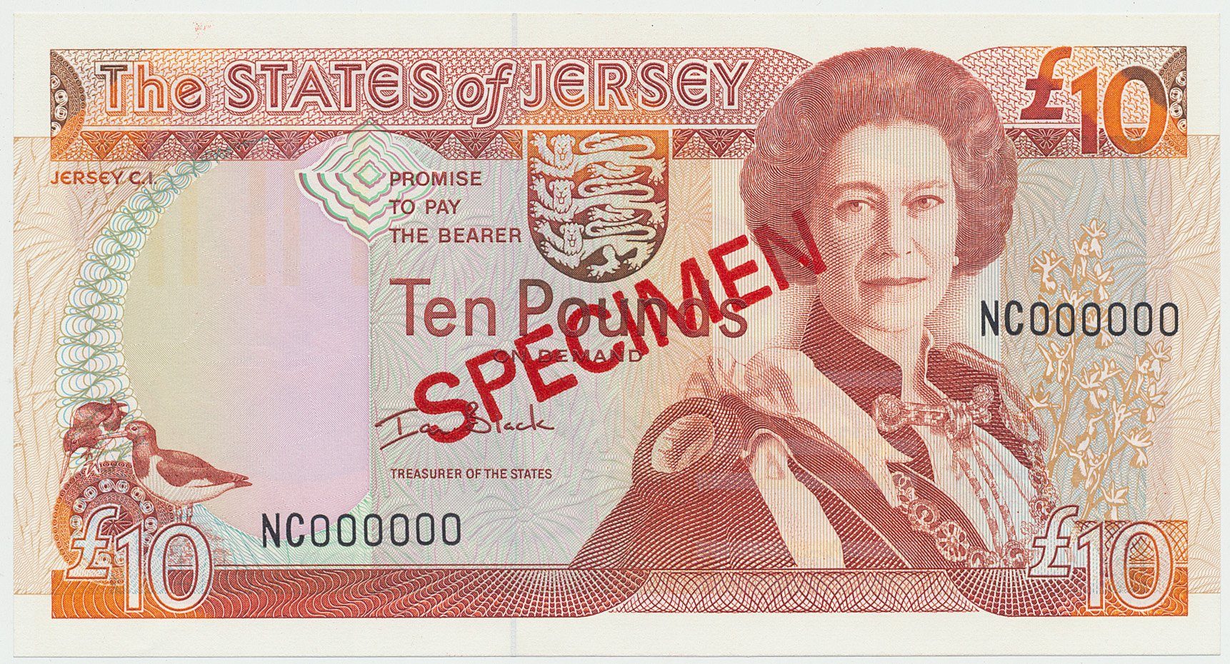 Jersey, 10 Pounds (2000), bankovní vzor, přetisk SPECIMEN, P.28s