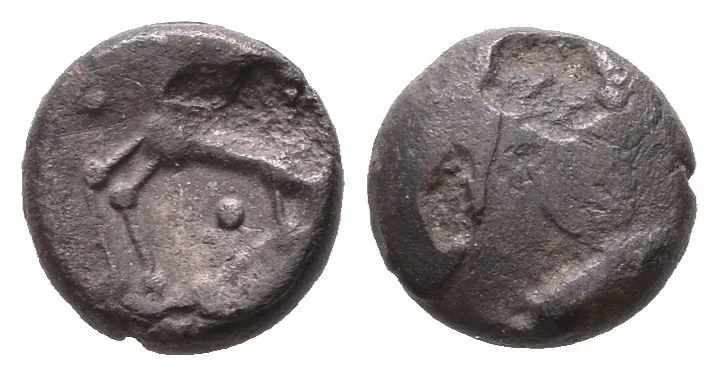 AR Obol, typ Němčice/Roseldorf II, Hladký hrbol / Koník zleva, stylizovaný jezdec, pod — 1