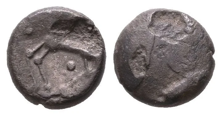 AR Obol, typ Němčice/Roseldorf II, Hladký hrbol / Koník zleva, stylizovaný jezdec, pod — 1
