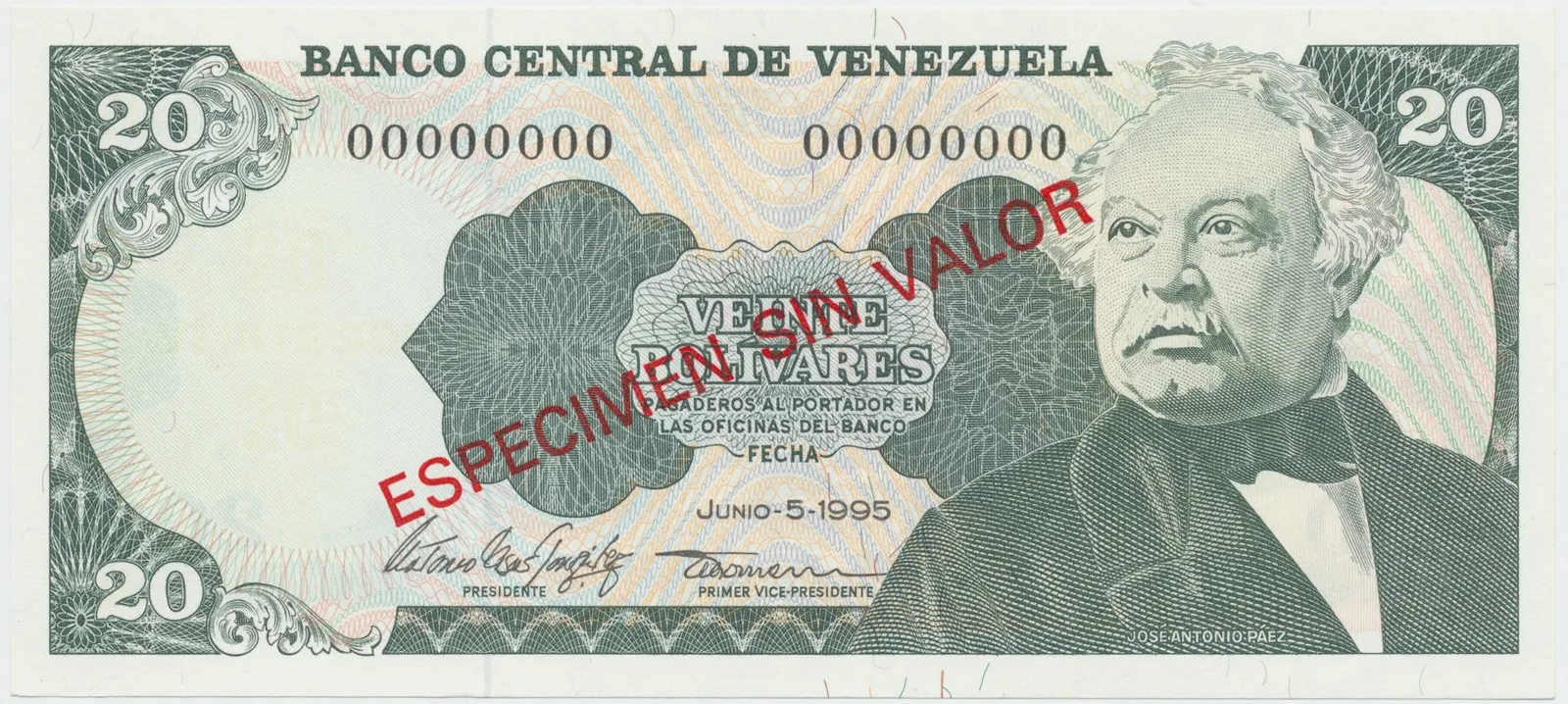 Venezuela, 20 Bolivares 1995, anulát - ESPECIMEN SIN VALOR, P.63es