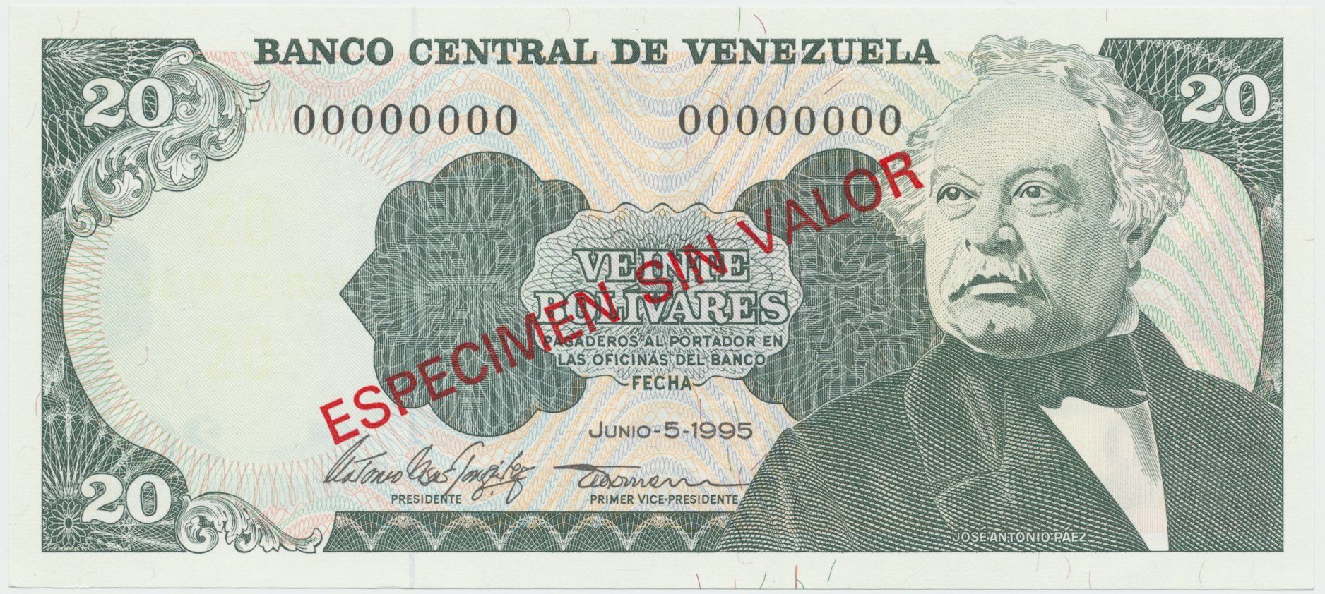 Venezuela, 20 Bolivares 1995, anulát - ESPECIMEN SIN VALOR, P.63es