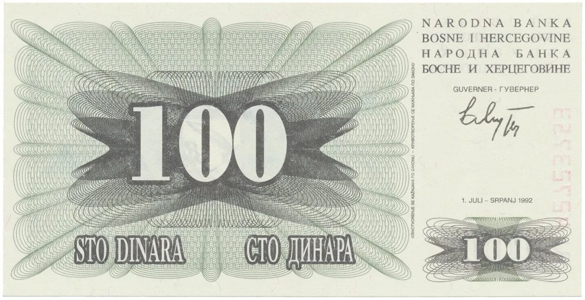 Bosna a Hercegovina, 100 Dinara 1992, P.13a