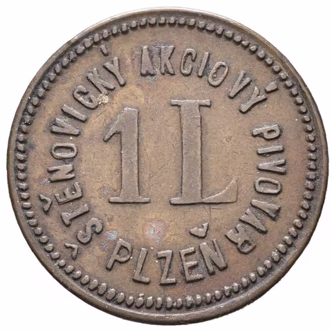 Štěnovice - Akciový pivovar Plzeň, známka na 1 litr piva. Ms 26 mm