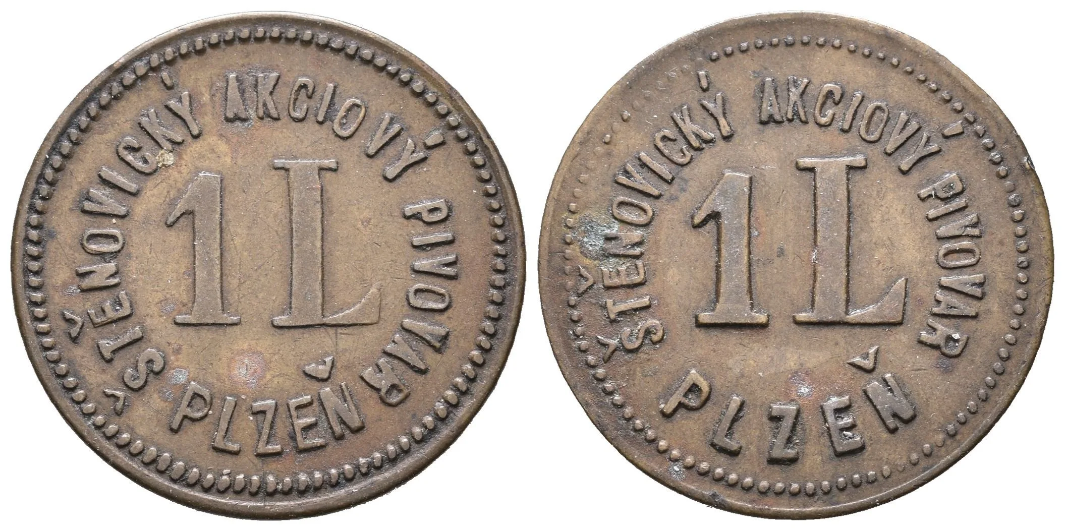 Štěnovice - Akciový pivovar Plzeň, známka na 1 litr piva. Ms 26 mm — 1