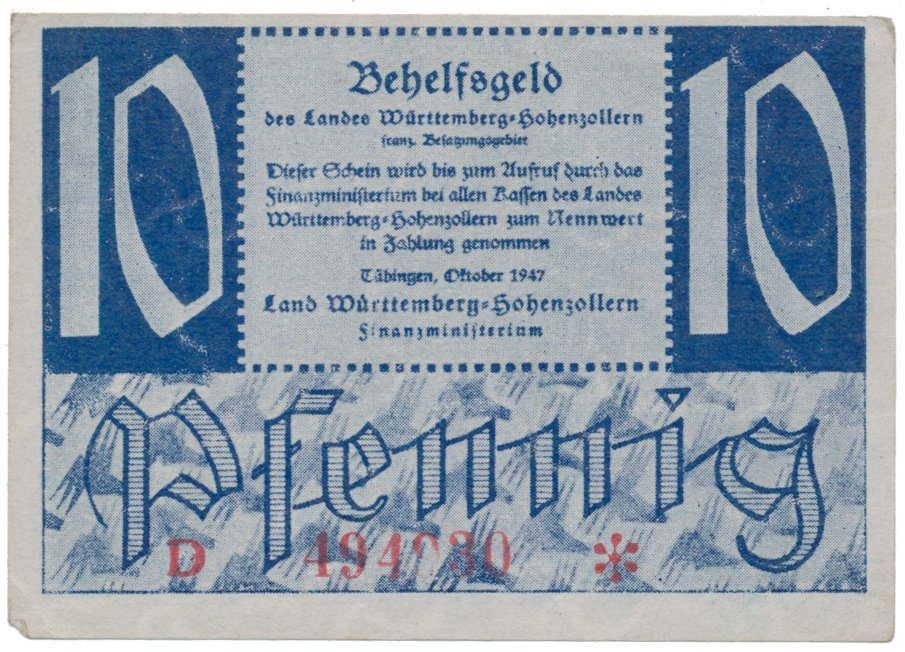 Německo - francouzská okupační zóna, Württemberg, 10 Pfennig 1947, Ros.215b