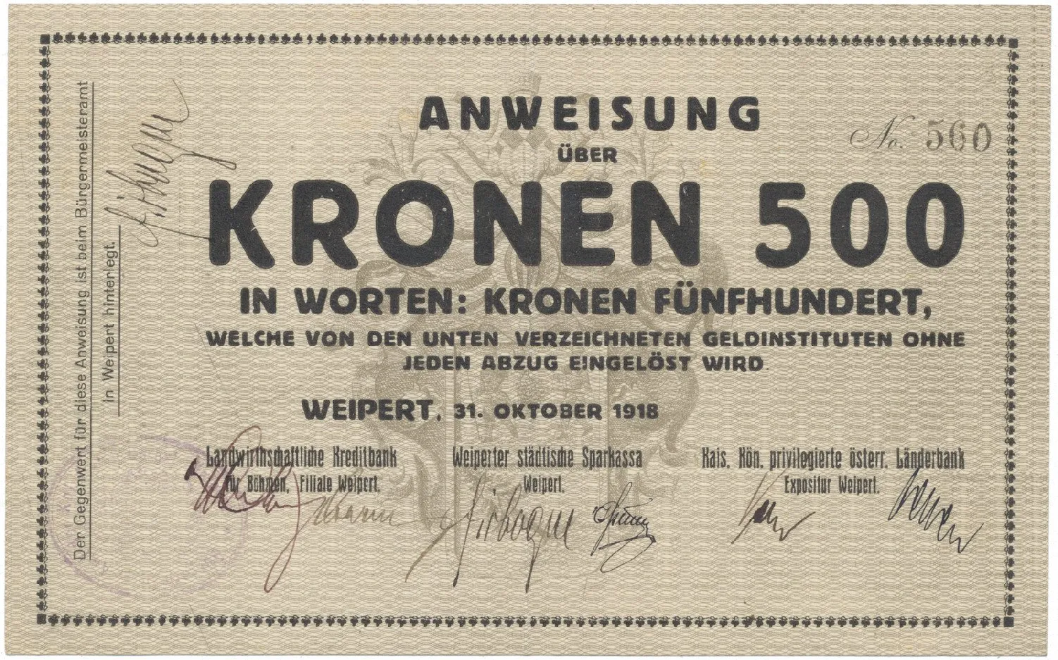 Weipert (Vejprty) - peněžní ústavy, 500 K  1. 10. 1918, HH.248.2.1