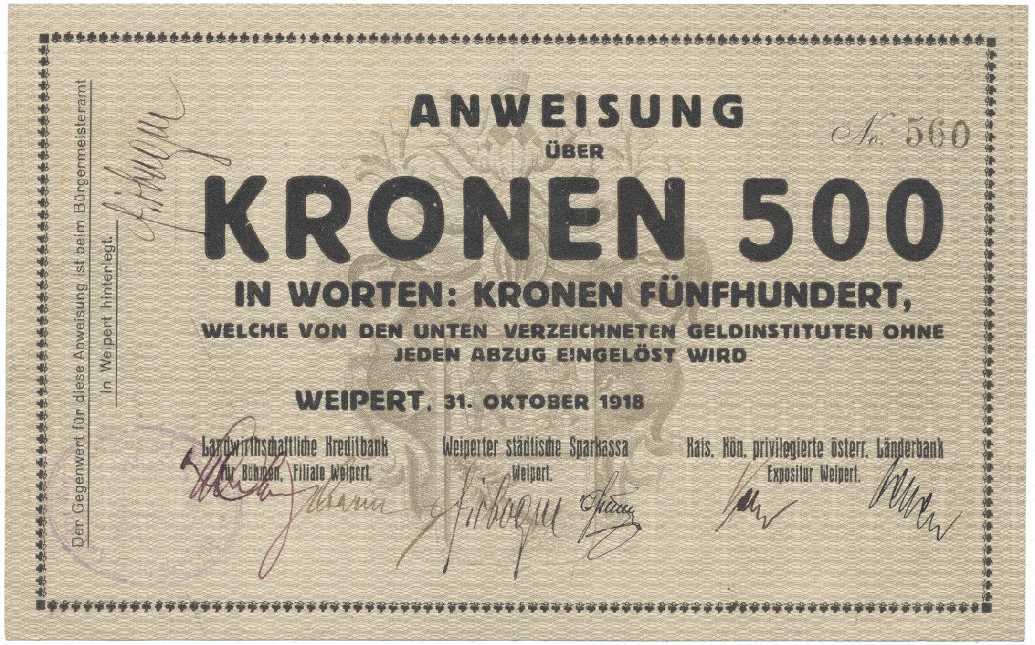 Weipert (Vejprty) - peněžní ústavy, 500 K  1. 10. 1918, HH.248.2.1