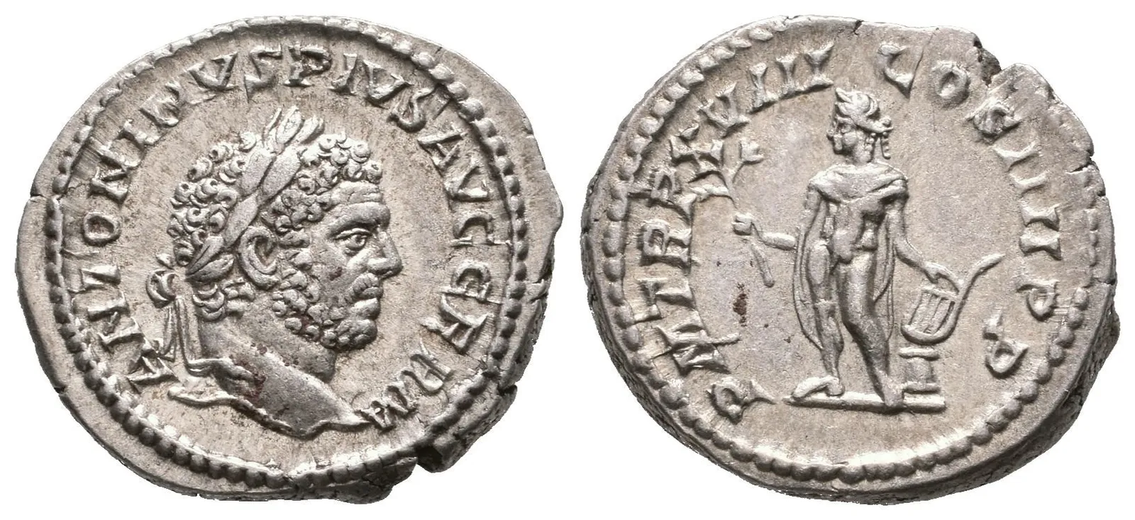 Denár, 215, Rv: P M TR P XVIII COS IIII P P, stojící nahý Apollo zleva drží olivovou — 1