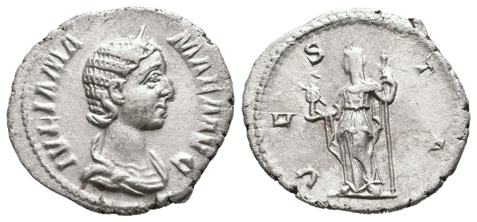 Denár, Rv: VESTA, stojící Vesta zleva drží palladium a žezlo, RIC.360 (Alex. Severus), — 1