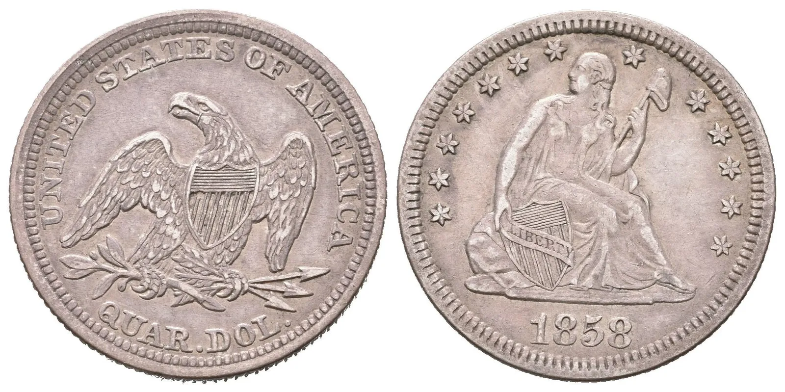 1/4 Dollar 1858, KM.A64.2, pěkná zachovalost, tmavá patina, — 1