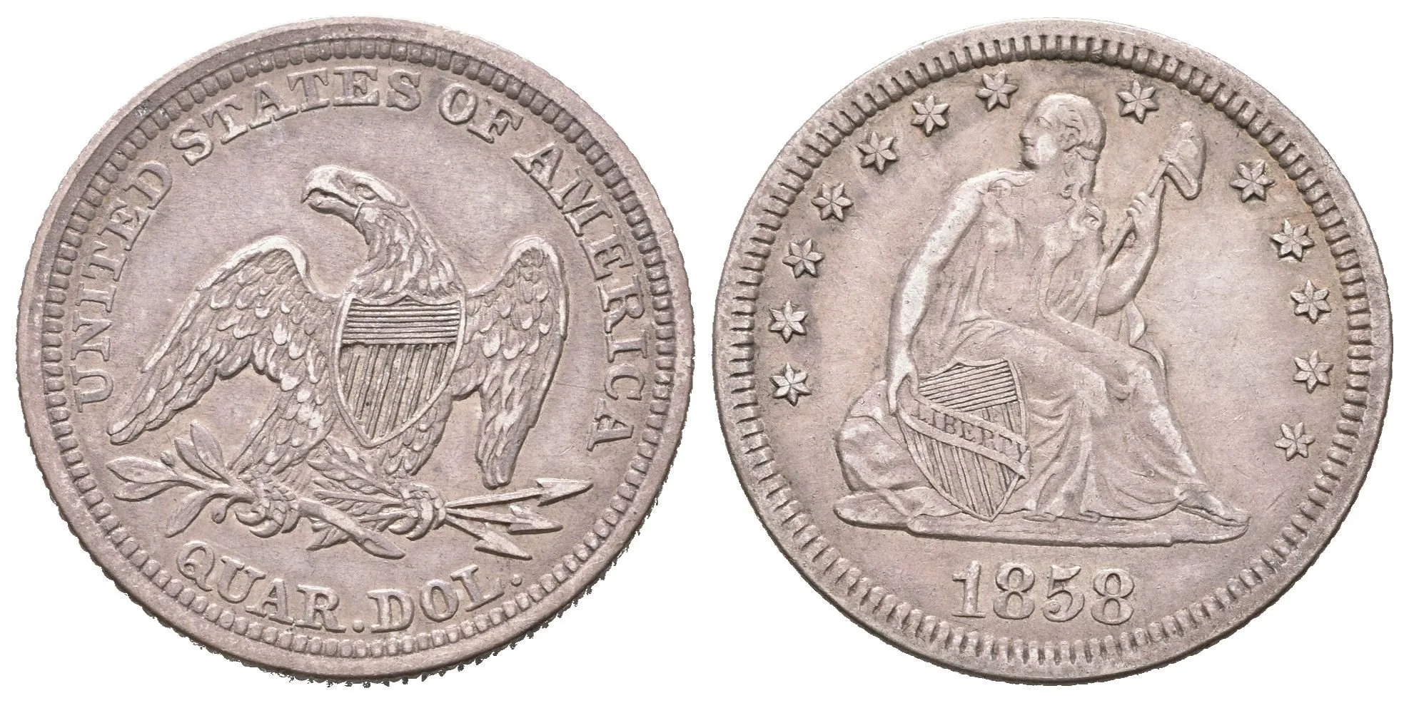 1/4 Dollar 1858, KM.A64.2, pěkná zachovalost, tmavá patina, — 1