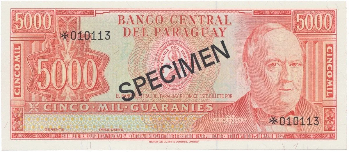 Paraguay, 5000 Guaranies 1952, SPECIMEN, P.202cs