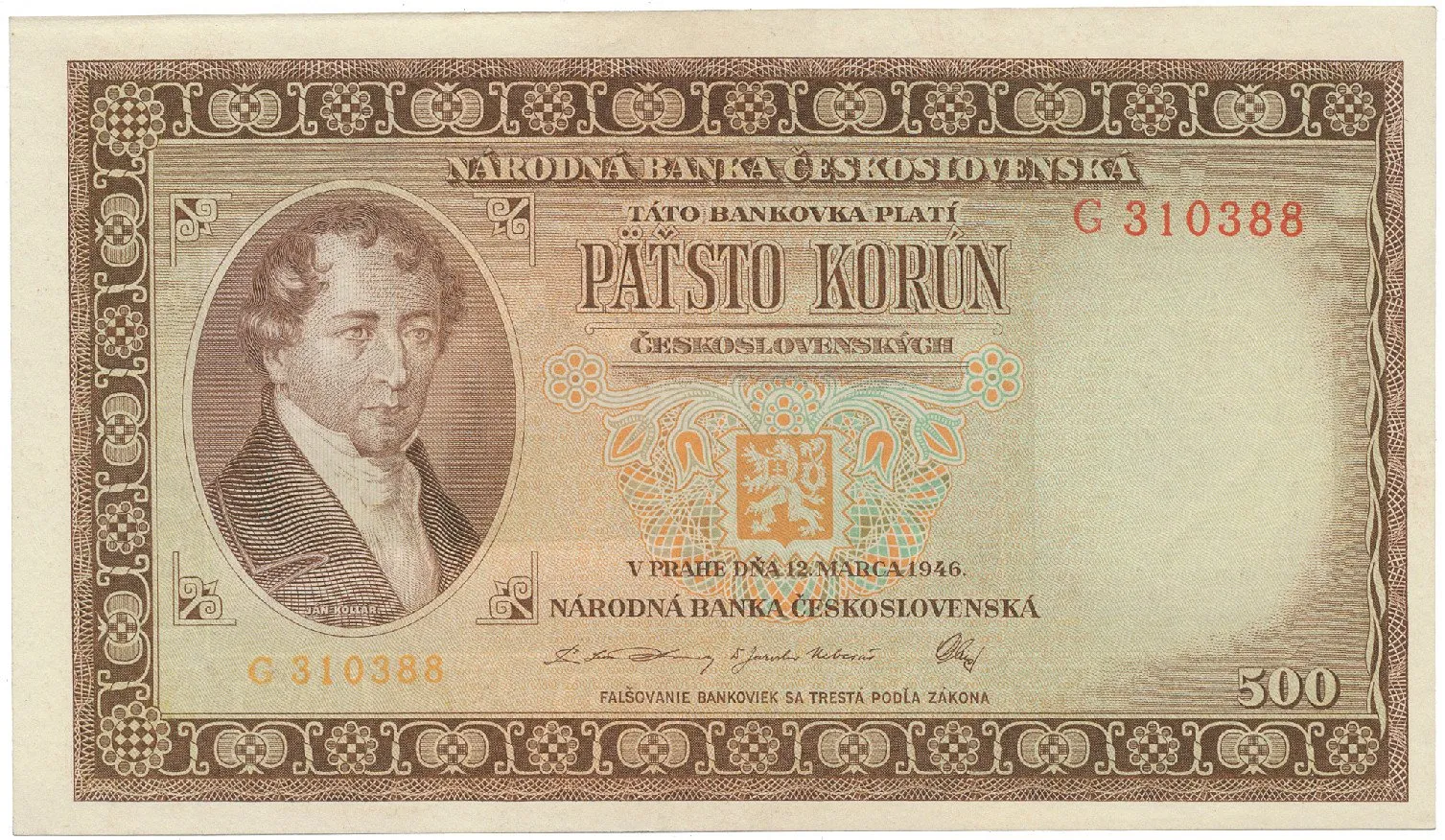 Československo, 500 Koruna 1946, série A-Z,  Hej.81a
