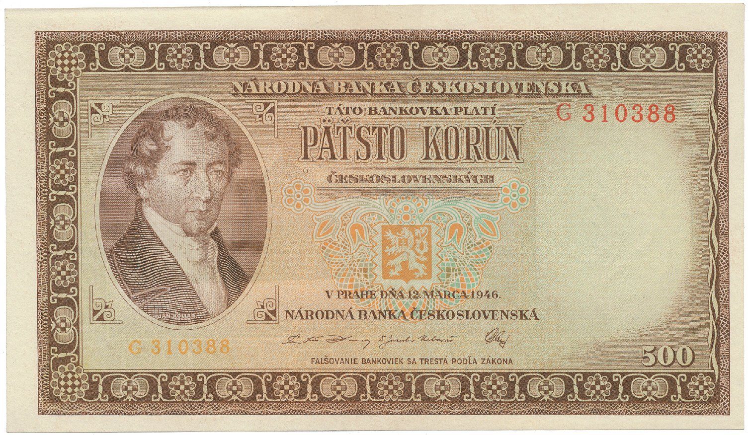 Československo, 500 Koruna 1946, série A-Z,  Hej.81a
