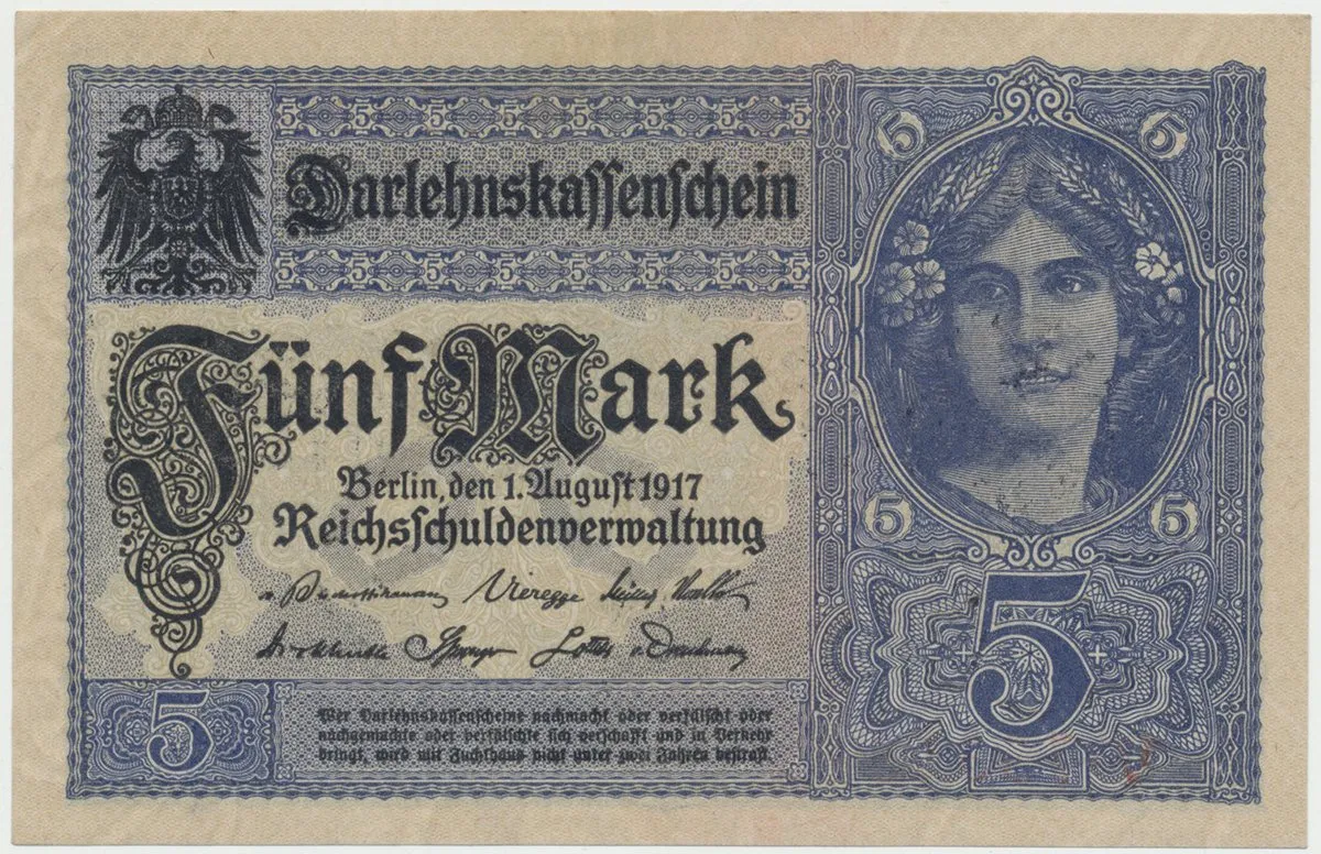 Německo, 5 Mark 1917, 7-místný číslovač, Ro.54a