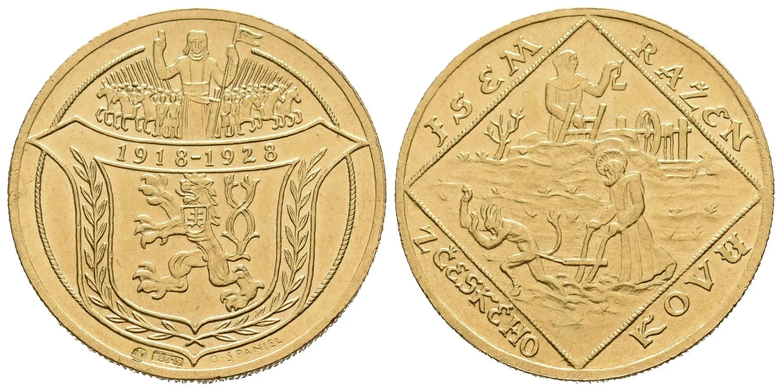 Čtyřdukátová medaile 1928 (O. Španiel) - 10. výročí vzniku republiky. Český lev ve štítě, — 1