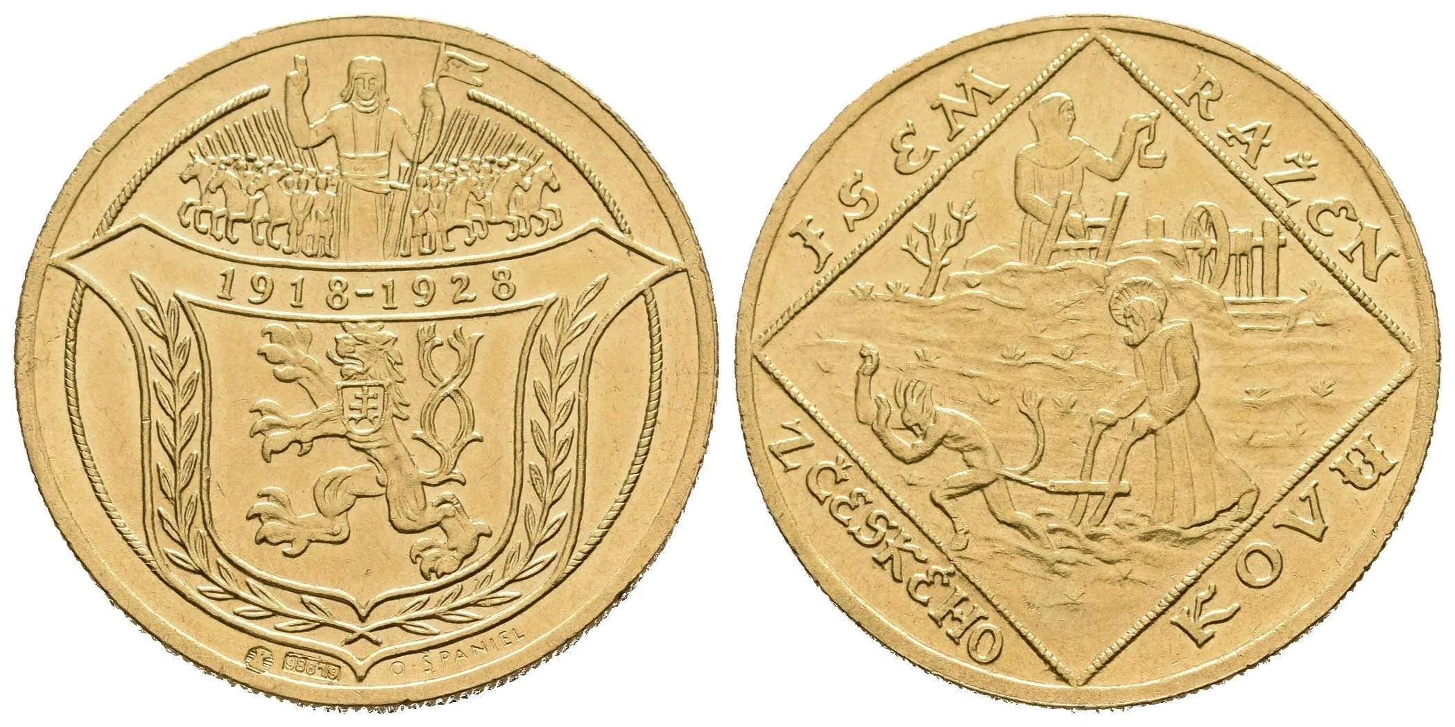 Čtyřdukátová medaile 1928 (O. Španiel) - 10. výročí vzniku republiky. Český lev ve štítě, — 1