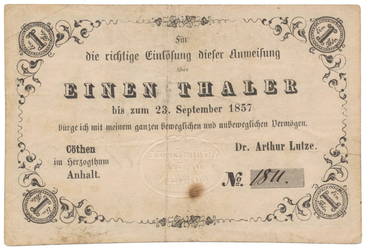 Německo, Anhalt, Artur Lutze, Cöthen, 1 Thaler 1857