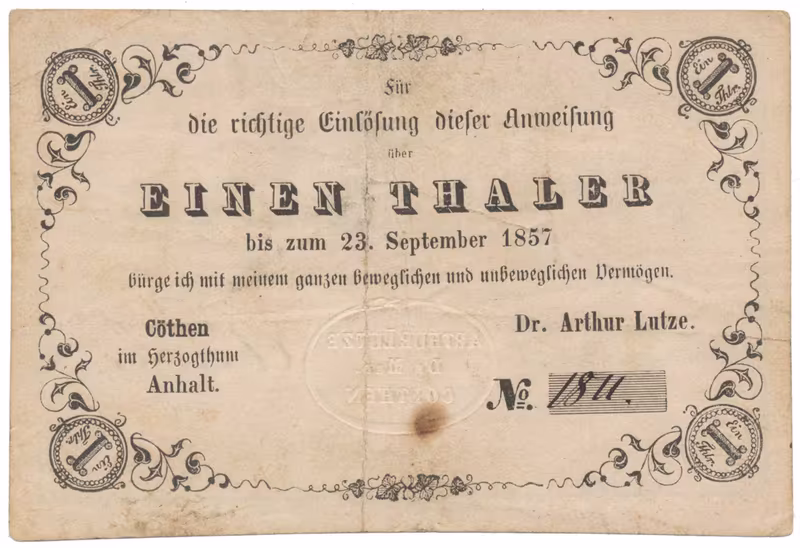 Německo, Anhalt, Artur Lutze, Cöthen, 1 Thaler 1857