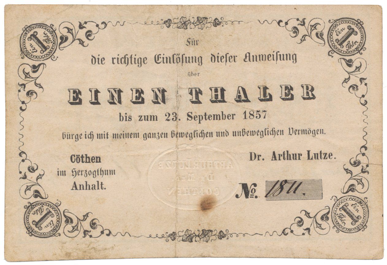 Německo, Anhalt, Artur Lutze, Cöthen, 1 Thaler 1857
