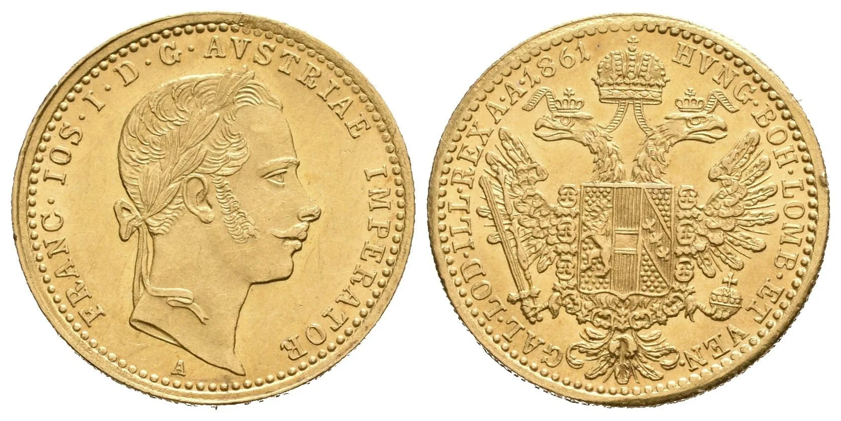 Dukát 1861 A, krásná zachovalost, lesk, drobné rysky a hranka — 1