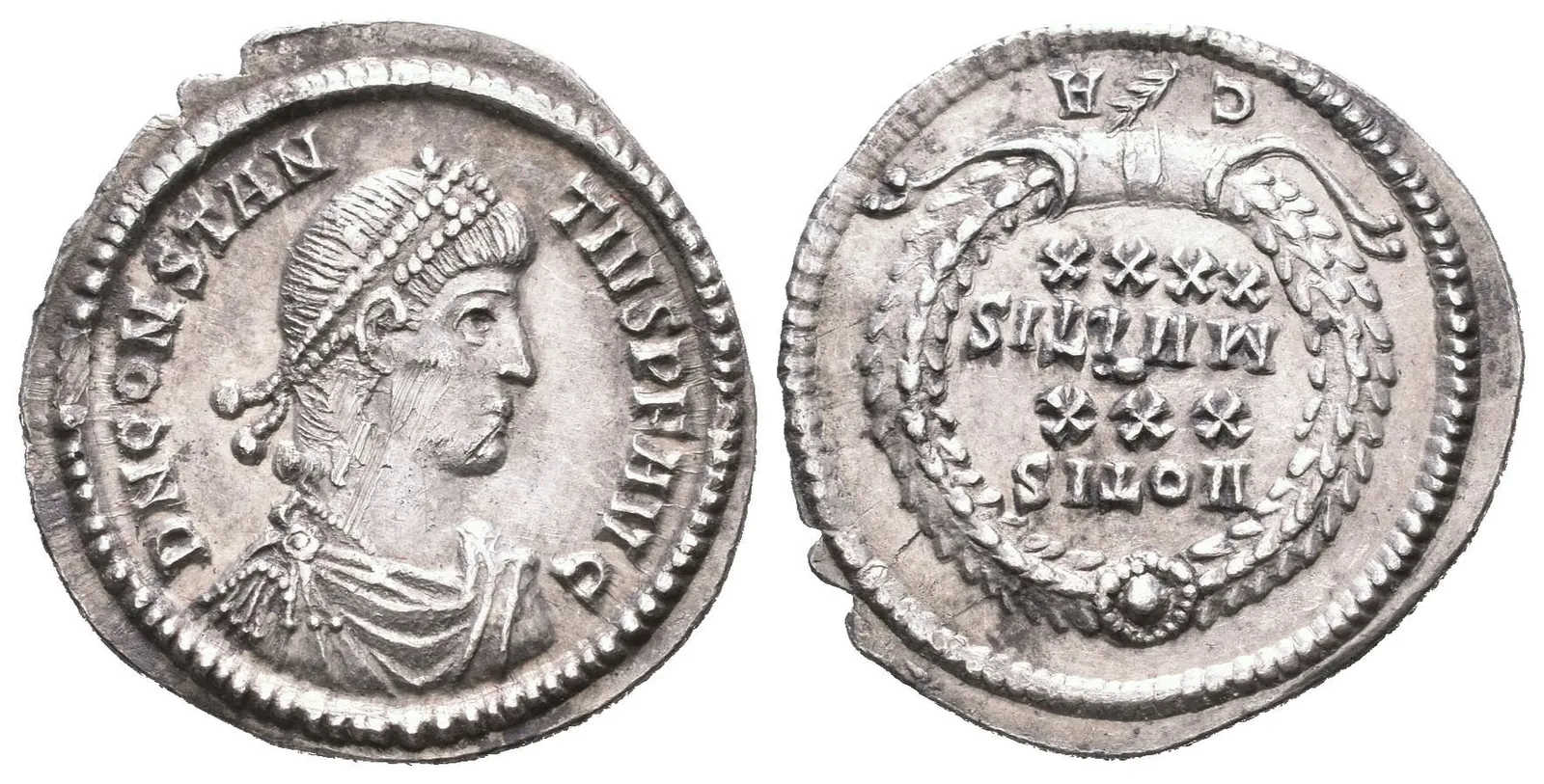Siliqua, Constantinopolis, 351 - 355, Rv: ve věnci nápis VOTIS / XXX / MVLTIS / XXXX, — 1