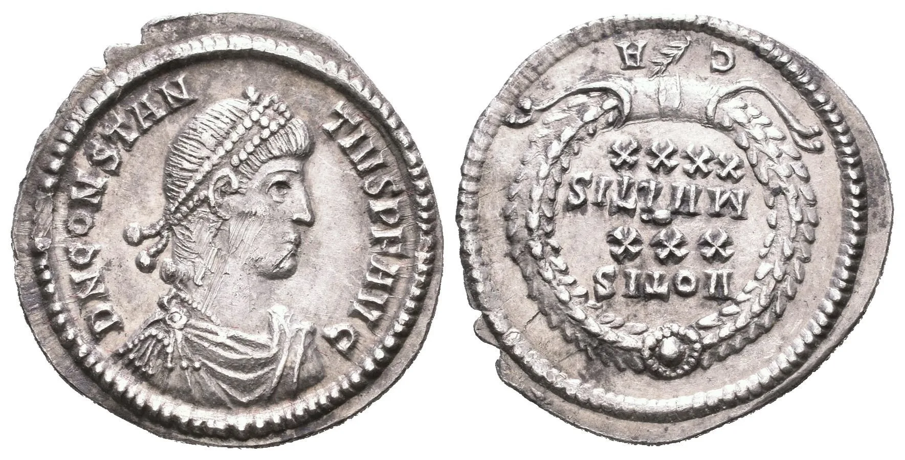 Siliqua, Constantinopolis, 351 - 355, Rv: ve věnci nápis VOTIS / XXX / MVLTIS / XXXX, — 1