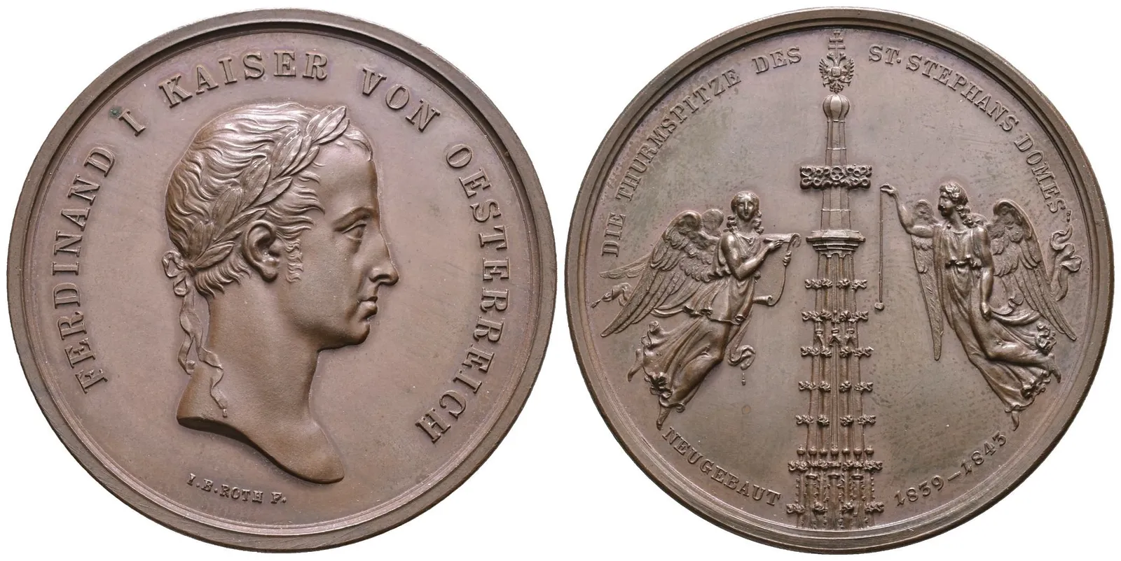 AE Medaile 1843 (J. B. Roth) - K dokončení věže chrámu sv. Štěpána ve Vídni. Poprsí — 1