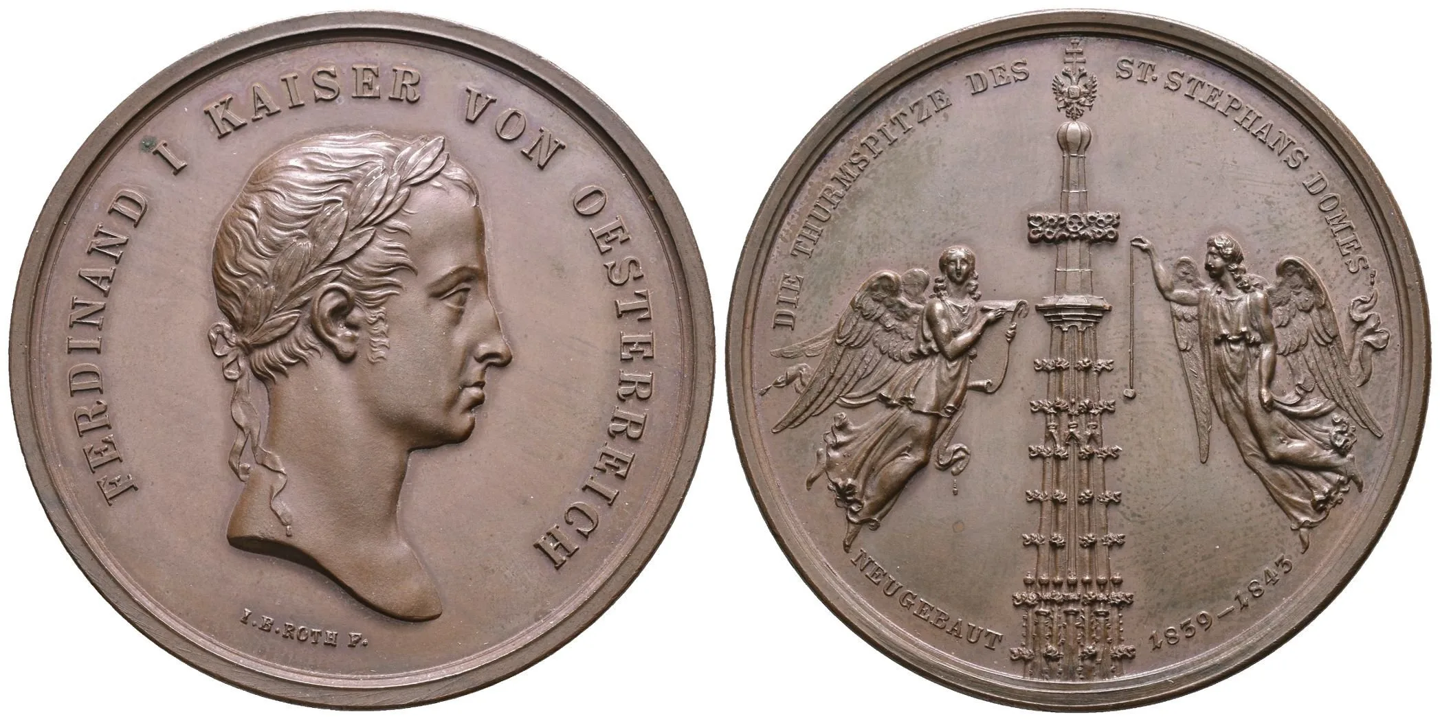 AE Medaile 1843 (J. B. Roth) - K dokončení věže chrámu sv. Štěpána ve Vídni. Poprsí — 1