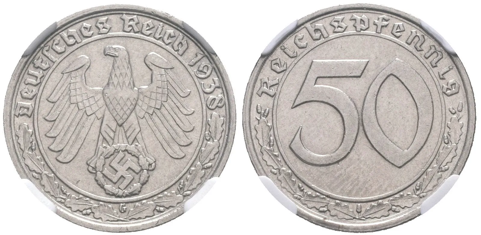 50 Pfennig 1938 G (Ni), J.365, certifikace NGC, hodnocení MS 63, luxusní zachovalost_R! — 1