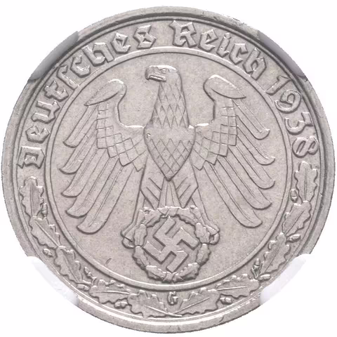 50 Pfennig 1938 G (Ni), J.365, certifikace NGC, hodnocení MS 63, luxusní zachovalost_R!