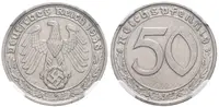 50 Pfennig 1938 G (Ni), J.365, certifikace NGC, hodnocení MS 63, luxusní zachovalost_R! — 1