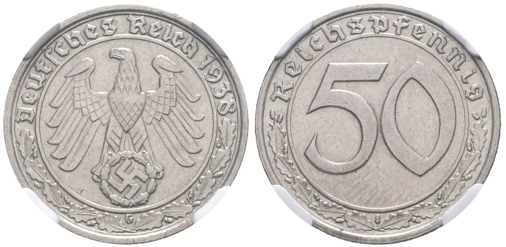 50 Pfennig 1938 G (Ni), J.365, certifikace NGC, hodnocení MS 63, luxusní zachovalost_R! — 1