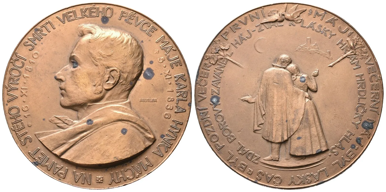 AE Medaile 1936 - K 100. výročí úmrtí K. H. Máchy. Bronz 60 mm, oxidační tečky — 1