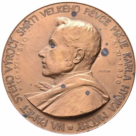 AE Medaile 1936 - K 100. výročí úmrtí K. H. Máchy. Bronz 60 mm, oxidační tečky
