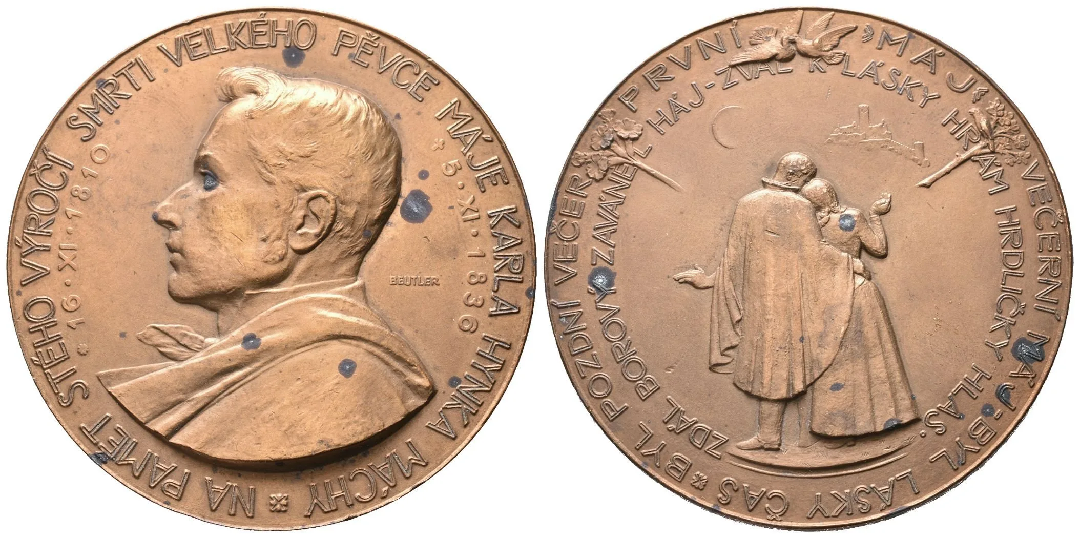 AE Medaile 1936 - K 100. výročí úmrtí K. H. Máchy. Bronz 60 mm, oxidační tečky — 1
