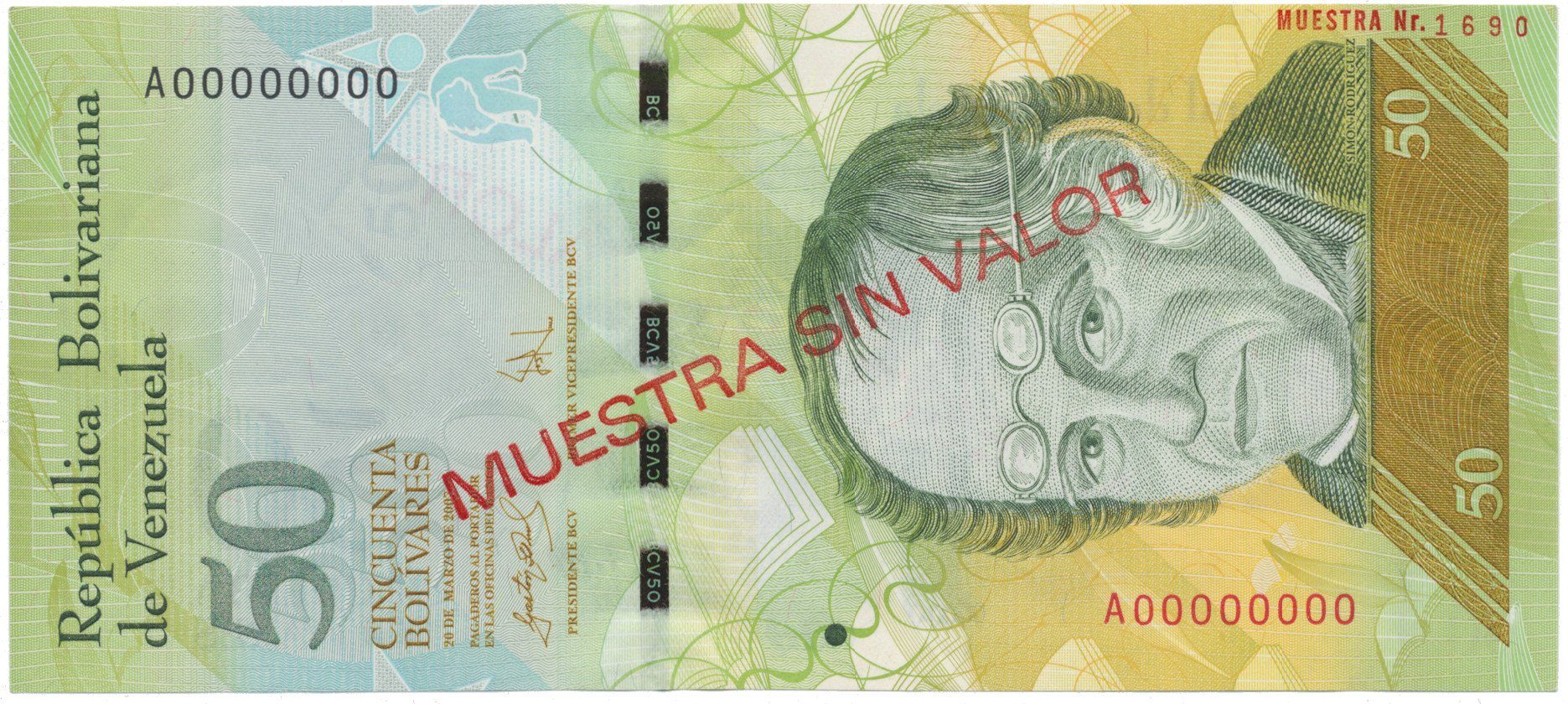 Venezuela, 50 Bolivares 2007, anulát - MUESTRA SIN VALOR, P.92as