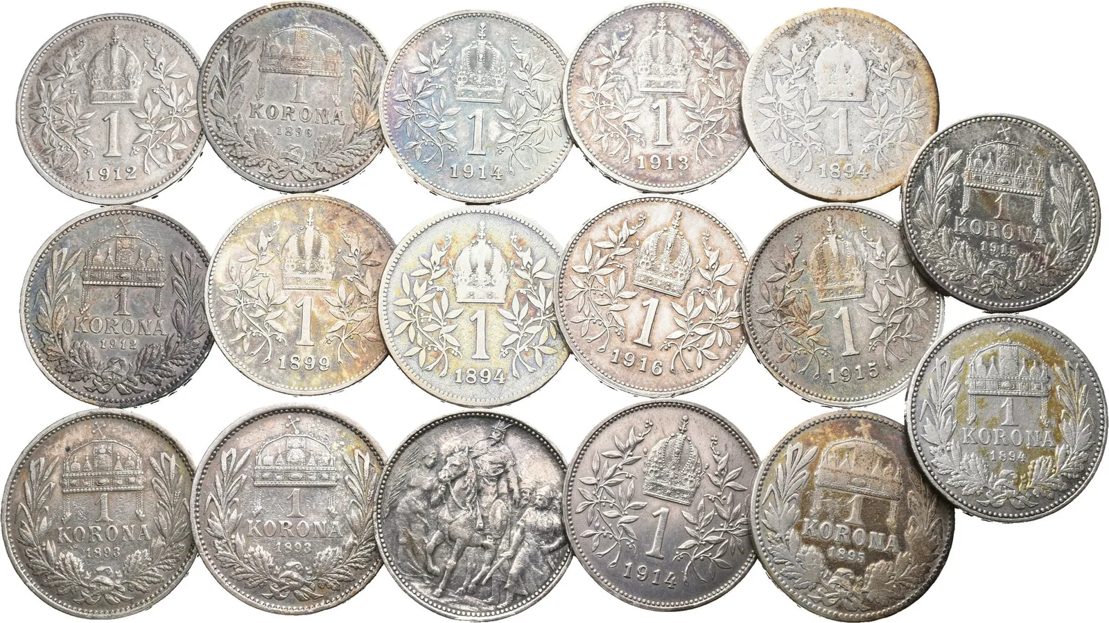 Soubor mincí - 1 Koruna 1894, 1899, 1912, 1913, 1914, 1915 a 1916 BZ + — 1
