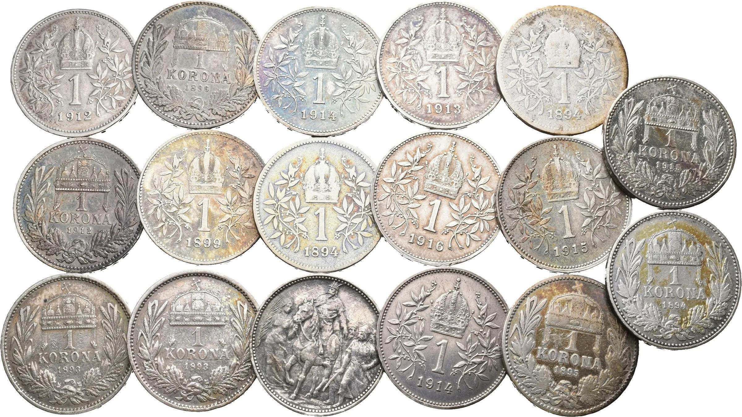 Soubor mincí - 1 Koruna 1894, 1899, 1912, 1913, 1914, 1915 a 1916 BZ + — 1