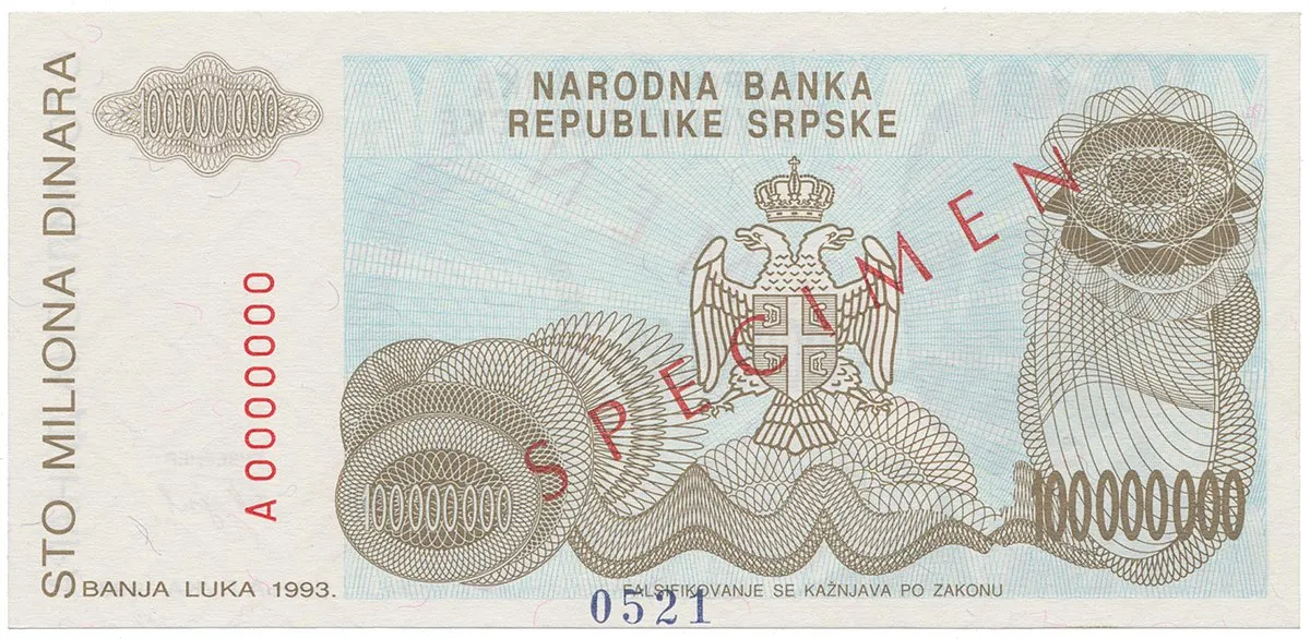 Bosna a Hercegovina, 100 Miliona Dinara 1993, bankovní vzor, A 0000000, přet. SPECIMEN, P.154s