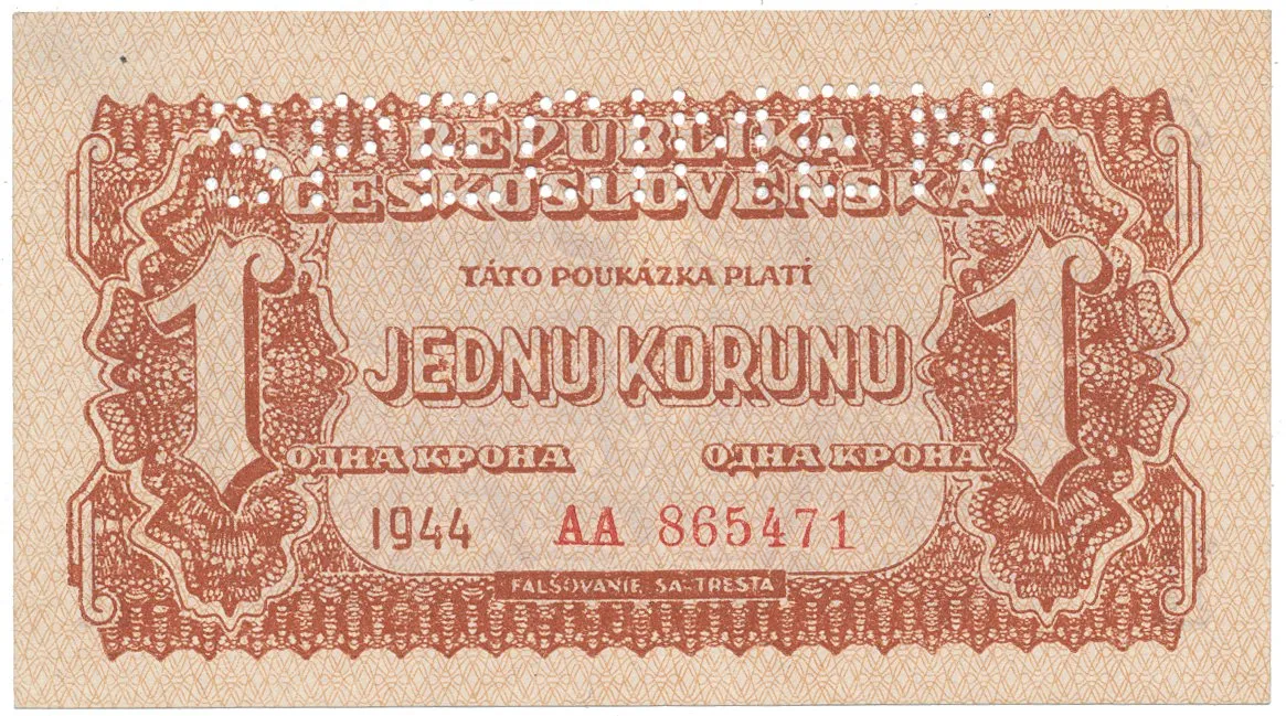Československo, 1 Koruna 1944, první série AA, perf. 1x SPECIMEN nahoře, Hej.56a1.S1