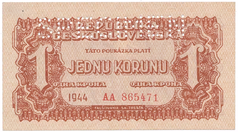 Československo, 1 Koruna 1944, první série AA, perf. 1x SPECIMEN nahoře, Hej.56a1.S1